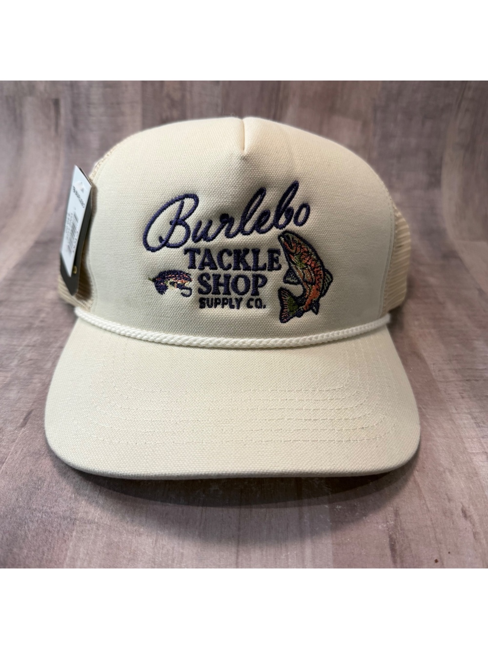 Burlebo Tackle Shop Supply Co Trucker Hat Mesh Back Snapback Cap Cream NWT